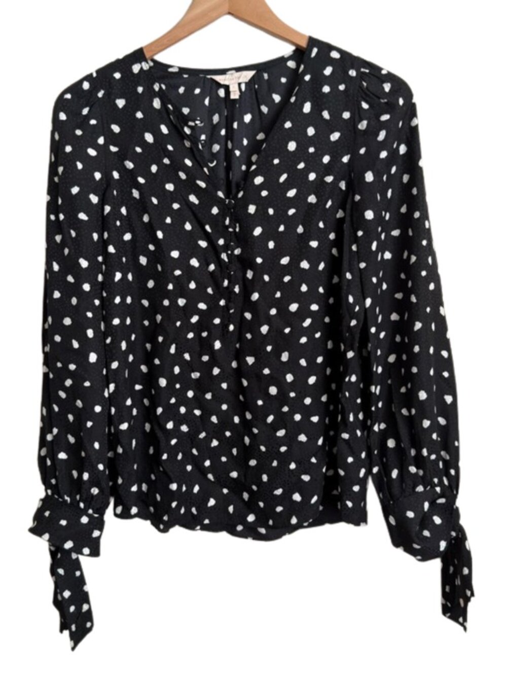 Rebecca Taylor Silk Blend Ink Blot Polka Dot Blouse 2 Black White V-Neck Top